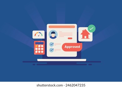 Home loan approval online, Applying for home loan, Bank loan application, Home loan approved - vector illustration banner with icons