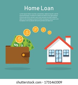 Home Loan concept. Buying house. Brown wallet with lots of money. deal sale and purchase of real. Vector illustration flat design.  Real estate investment. 