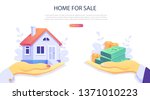 Home Loan concept, Rent,  Buying a property. Real estate agent at work,  investment, mortgage, house loan, account, banking, Hands with a house and with banknotes. Concept for presentation, web page