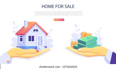 Home Loan concept, Rent,  Buying a property. Real estate agent at work,  investment, mortgage, house loan, account, banking, Hands with a house and with banknotes. Concept for presentation, web page