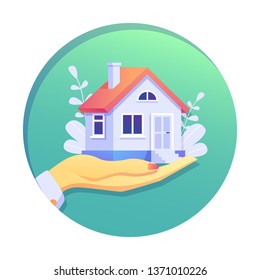 Home Loan concept, Rent,  Buying a property. Real estate agent at work,  investment, mortgage, house loan, account, banking, Hands with a house and with banknotes. Concept for presentation, web page