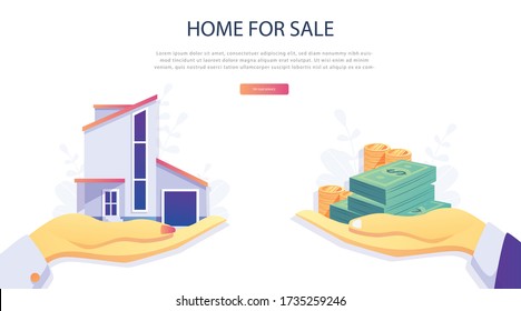 Home Loan concept, Rent,  Buying a property. Real estate agent at work,  investment, mortgage, house loan, account, banking, Hands with a house and with banknotes. Concept for presentation, web page