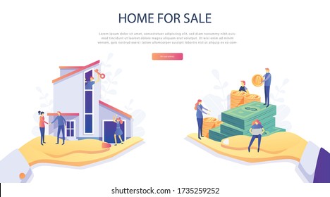 Home Loan concept, Rent,  Buying a property. Real estate agent at work,  investment, mortgage, house loan, account, banking, Hands with a house and with banknotes. Concept for presentation, web page