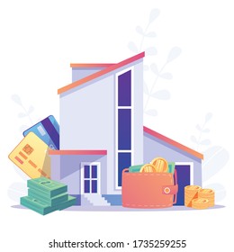 Home Loan concept, Rent,  Buying a property. Real estate agent at work,  investment, mortgage, house loan, account, banking, Hands with a house and with banknotes. Concept for presentation, web page