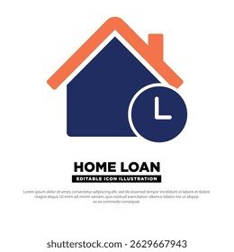 Home Loan Icon With Clock or Time Symbol on House. Editable vector icon.