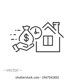 icono de préstamos hipotecarios, hipoteca inmobiliaria, crédito de vivienda de pago, ahorro de dinero, símbolo de línea delgada sobre fondo blanco - vector de apodos editable eps10