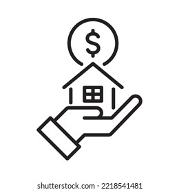 Home loan icon. Money with house on hand support. Outline style. Vector. Isolate on white background.