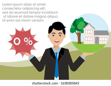 Home loan/ leasing officer holding beautiful house and 0% interest rate in hands. Vector Illustration. Isolated on white background. Idea for installment home loan, real estate mortgage. 