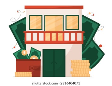 Home loan and mortgage concept. Banknotes and coins near building. Metaphor of real estate agency and real estate transactions. Private property and home. Cartoon flat vector illustration