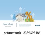 Home loan, mortgage loan interest rate with growth graph and percentage sign. Increasing of interest rates or home price. Real estate and property investment. Vector.