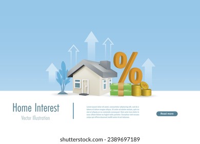 Home loan, mortgage loan interest rate with growth graph and percentage sign. Increasing of interest rates or home price. Real estate and property investment. Vector.