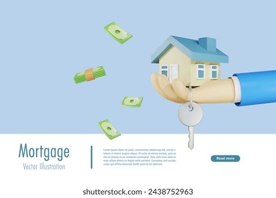 Home loan, mortgage loans, real estate, property insurance and refinance concept. Agency hand holding house and home key. 3D vector created from graphic software.