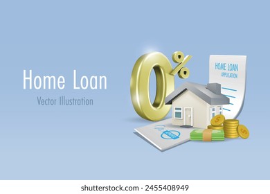 Home loan, mortgage refinance concept. House with zero percent interest fee offer on approved home loan application paper. Banking, financial loan campaign. 3D vector.