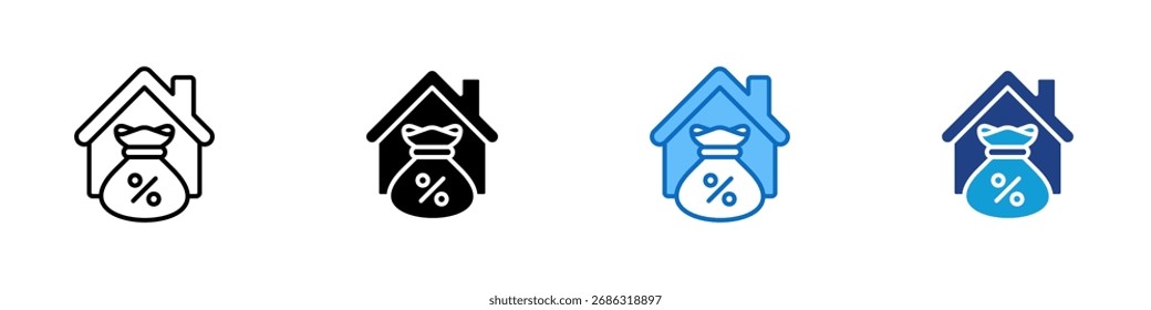 Home Loan Multiple Style Icon Design Vector - House with a money bag and percentage sign, symbolizing mortgage, property loan, or housing finance