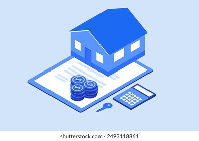 Home loan, refinance, real estate and property mortgage concept. Family with child buy home and sign  contract with banker vector illustration