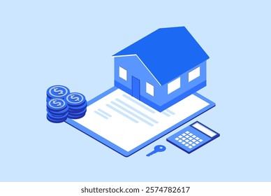 Home loan, refinance, real estate and property mortgage concept. Family with child buy home and sign  contract with banker vector illustration
