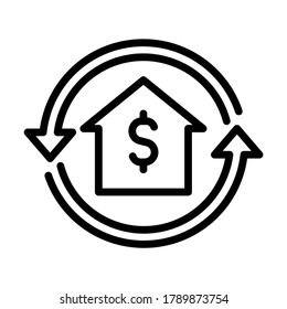 Home loan refinancing icon. Dollar house placed in the middle of reverse arrows. Line vector. Isolate on white background.