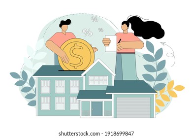 Home loan, rent and mortgage concept. A man and a woman buy a house with a mortgage and pay a loan to the bank. People are investing in real estate. Flat vector illustration 