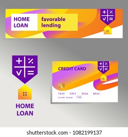 Home loan. Template financial sign, logo, badge with plan house. Concept  banner, flyer, credit card for corporate identity business, agency, company. Vector illustration. 

