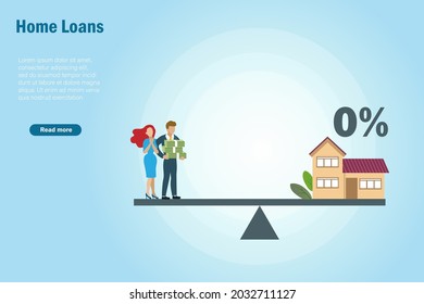 Home loans, mortgage, real estate, property investment and buying home concept. Couple holding money with house 0% interest rate on balance seesaw. Financial and banking. 