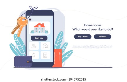 Home loans online landing page template. Keys to the house hang on mobile phone. Home-buying, property digital purchase concept. Flat cartoon vector illustration