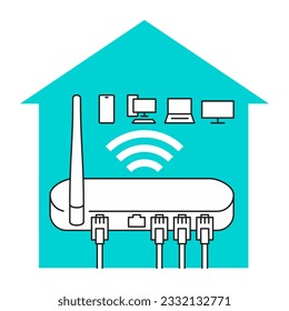 Home local network, LAN with router, PC, laptop, TV, mobile phone and RJ45 connectors - Vector illustration . Vector illustration