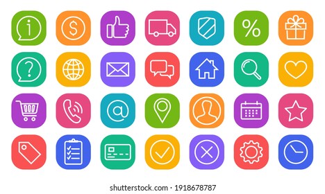 Home, location, globe, user, chat, email, phone, Info, mobile. Buttons E-commerce isolated vector line icon set. Online shop, website, fulfilment service. Delivery and shipping symbols.