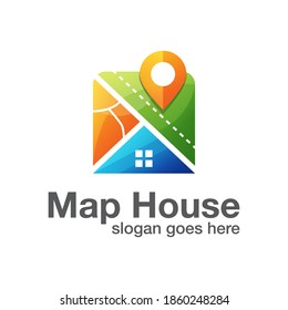 home location with house and map marker logo. real estate with pin logo design