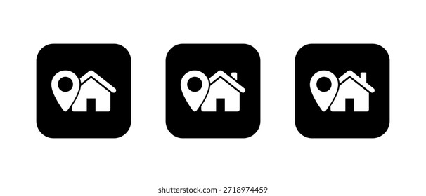 Das Symbol für die Home-Position wird in einem schwarzen Quadrat angezeigt. Hausadresssymbol. Immobilien mit Kartenzeichen