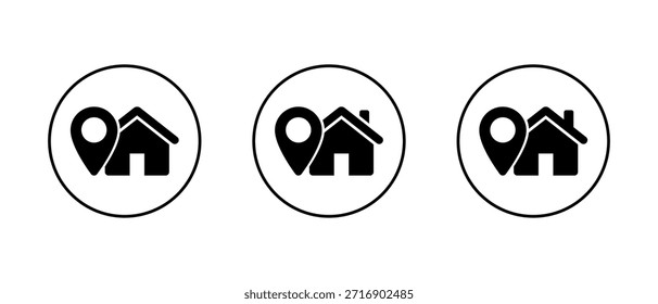 Das Symbol für die Heimatadresse wird in einer kreisförmigen Umrisslinie festgelegt. Hausadresssymbol. Immobilien mit Kartenzeichen