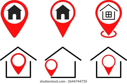 Home location icon set.  global positioning system. Map pointer symbol. Location point of home. Geolocation mark on the map
