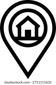 Icono de ubicación de la casa. Un símbolo de alfiler simple es mostrar una casa, que representa la navegación para la propiedad residencial o encontrar la dirección de la quibla.