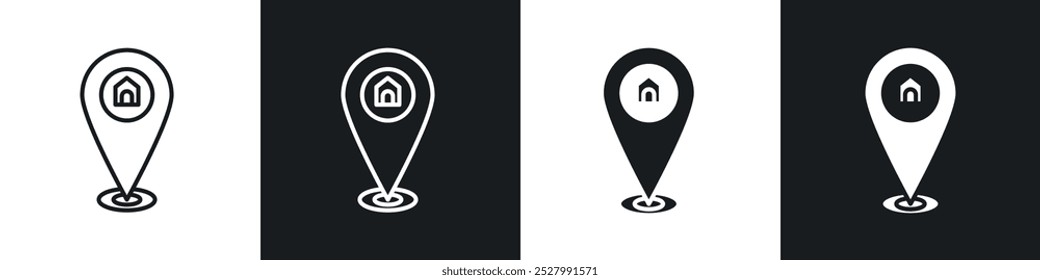 Conjunto de íconos de Vector de ubicación en casa con estilo relleno y delineado en negro.