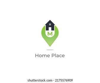 Home Location Logo Concept sign icon symbol Design with Letter M. Home and Pin Combination. Vector illustration logo template