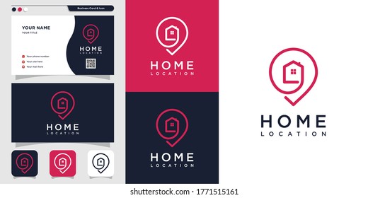 Home location logo with line art and business card design. pin, map, location, home, house, icon, building Premium Vector