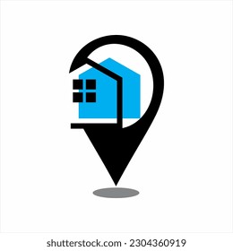 Home location logo with pin, map, location, house and window icon.