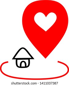 Home - location of Love : house with GPS location with heart sign
