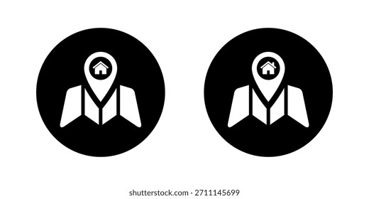 Icono de mapa de ubicación en el círculo negro. Símbolo de navegación de la casa