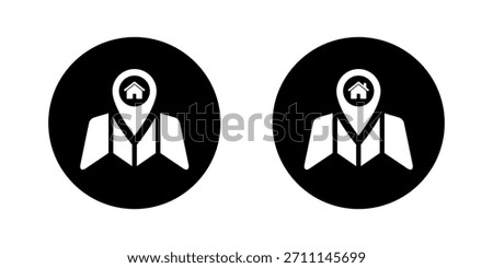 Home location map icon in black circle. House navigation symbol