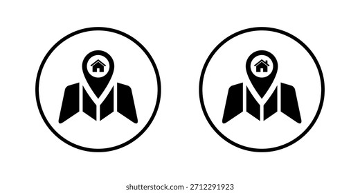 Icono de mapa de ubicación en el contorno circular. Símbolo de navegación de la casa