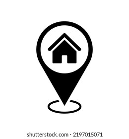 home location map pointer, house icon with location pin, black symbol isolated on white background, vector marker, address sign