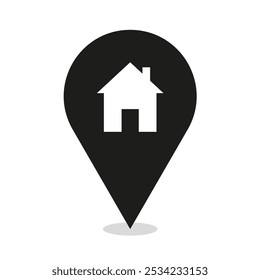 Marcador de ubicación del hogar. Icono de casa simple. Gráfico de alfiler negro. Símbolo de mapa de Vector.