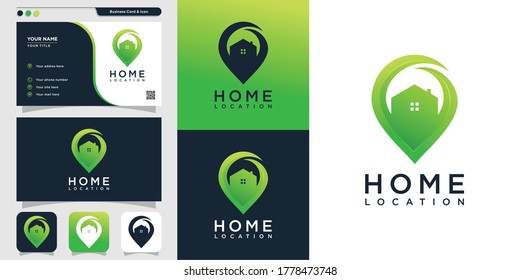 Home location with modern style logo and business card design template, icon, location, map, modern, home, house Premium Vector