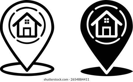 Inicio Locación Pin Icon Set – Marcador de mapa de Vector blanco y negro para bienes raíces y navegación