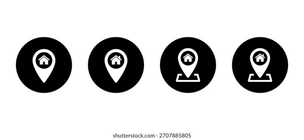 Localização inicial do ícone de pin definido em círculo preto. Símbolo de mapa imobiliário, endereço residencial e propriedade