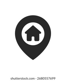 Icono de pin de ubicación en el hogar que simboliza bienes raíces, búsqueda de propiedades, vivienda, navegación por mapas, Dirección, servicios locales e Identificación de áreas residenciales