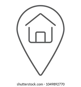 Home location thin line icon, real estate and home, pin pointer sign vector graphics, a linear pattern on a white background, eps 10.