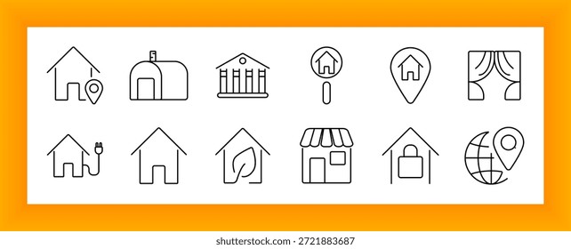 Icono de conjunto de ubicación y tipo de inicio. Casas, alfileres, tiendas, símbolos ecológicos, tapones, cortinas y mapa del globo dibujado en estilo de contorno que representa la vivienda, el lugar y la residencia global.