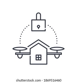 Home lock drone icon, linear isolated illustration, thin line vector, web design sign, outline concept symbol with editable stroke on white background.