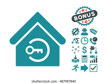 Home Login icon with bonus symbols. Vector illustration style is flat iconic bicolor symbols, soft blue colors, white background.
